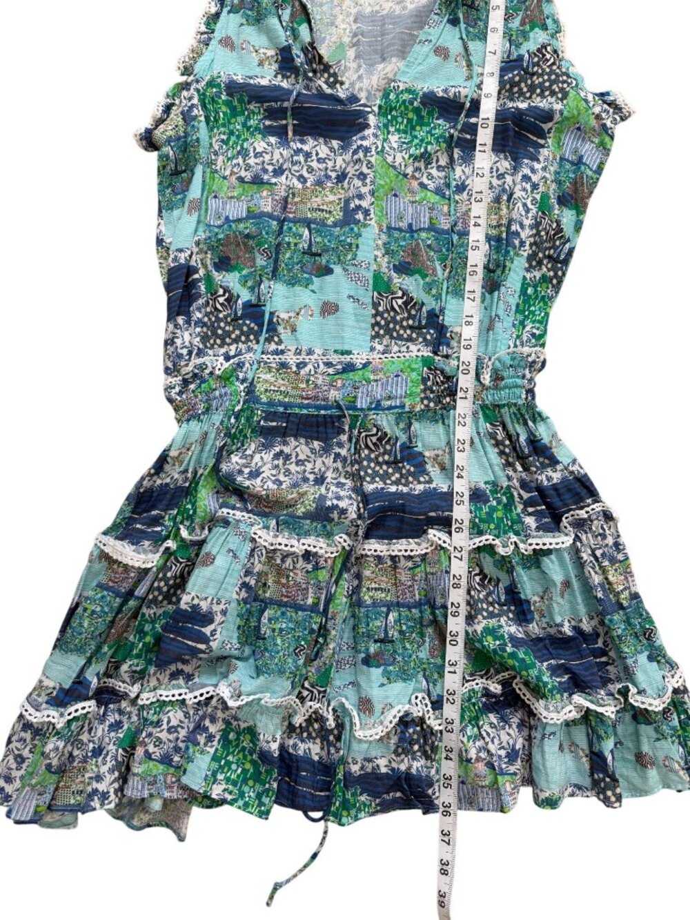 Taj By Sabrina Crippa Womens Size L Tiered Dress Sleeveless Blue Green Patchwork - Picture 6 of 7